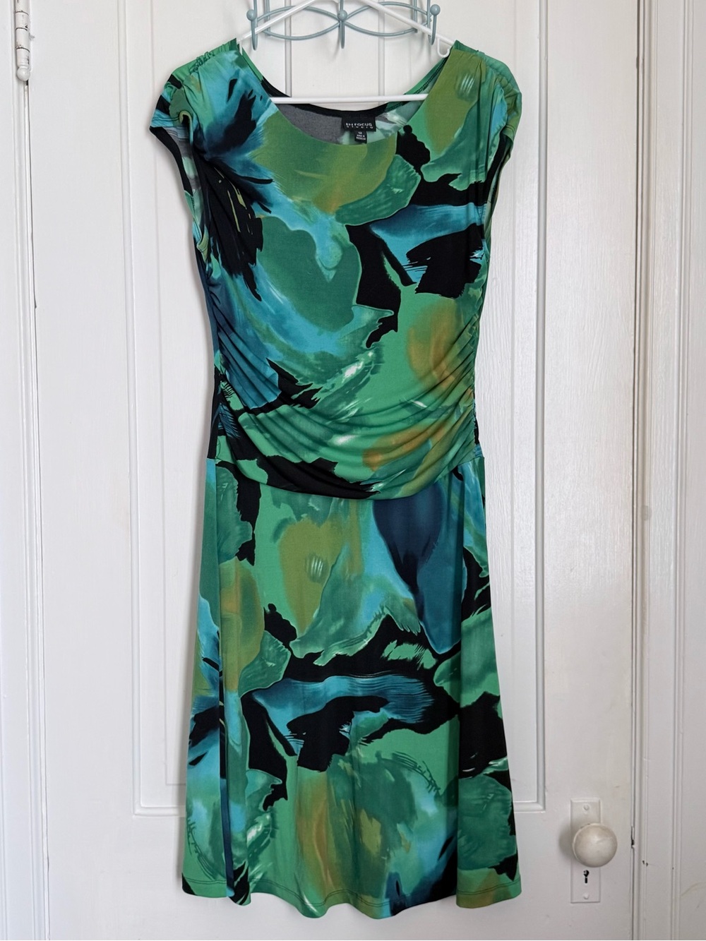 Enfocus Studio Green and Teal Abstract Cap Sleeve Dress
